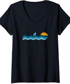 Womens Blue Whale Vintage Retro Sunset - Blue Whale Lover, Orca V-Neck T-Shirt