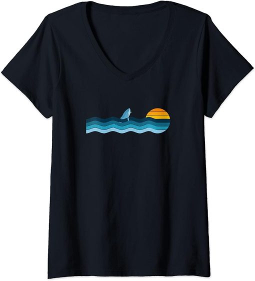 Womens Blue Whale Vintage Retro Sunset - Blue Whale Lover, Orca V-Neck T-Shirt