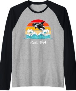 Vintage Kent WA Distressed Orca Killer Whale Art Raglan Baseball Tee